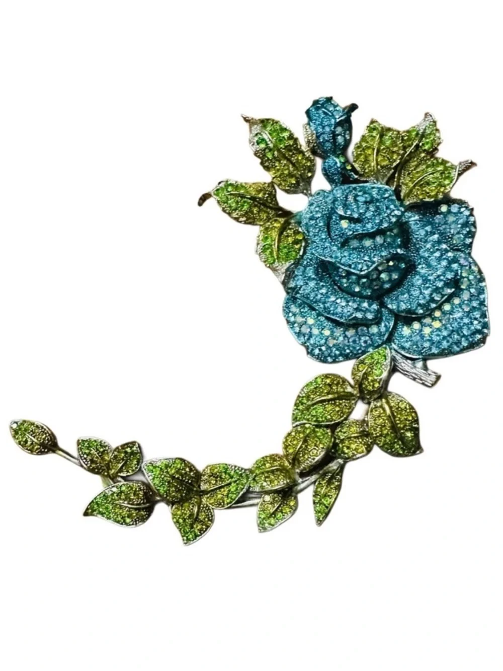 CRYSTAL BROACH Movable Elegant Green and Blue Floral ROSES Brooch gorgeous 9” 3”